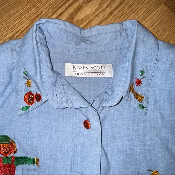 Karen Scott Chambray Halloween Button Up Shirt 100% Cotton Sz XL - Picture 3 of 7
